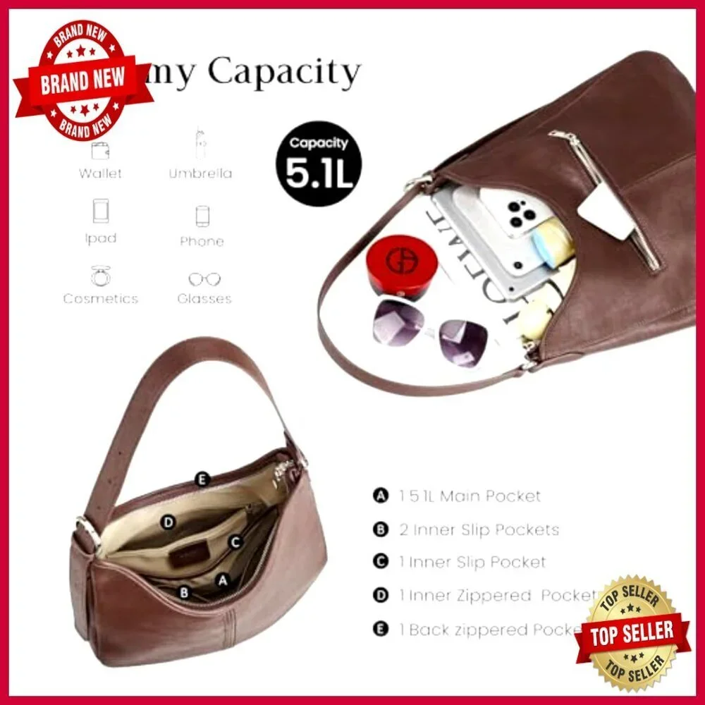 Genuine Leather Hobo Shoulder Bag with Adjustable Strap, 5.1L Capacity
